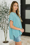 Basic Fade V-Neck Acid Wash Top in Dusty Teal