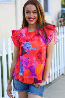  Look of Love Red & Fuchsia Floral Smocked Ruffle Frill Sleeve Top