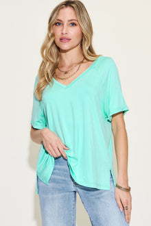  Basic Bae Full Size Bamboo Slit V-Neck Short Sleeve T-Shirt