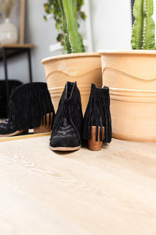  Amos Fringe Ankle Bootie in Black Suede
