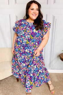  Just A Dream Navy Floral Smocked Ruffle Sleeve Maxi Dress