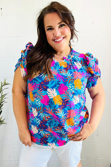  All For You Aqua Tropical Print Frill Notch Neck Puff Sleeve Top