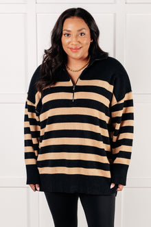  Well Situated Striped Quarter Zip Sweater in Black and Tan