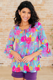  Willow Bell Sleeve Top in Bright Blue Floral