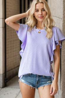  Heimish Full Size Ruffled Sleeve Ribbed Top