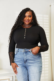  Double Take Crochet Lace Hem Sleeve Button Top