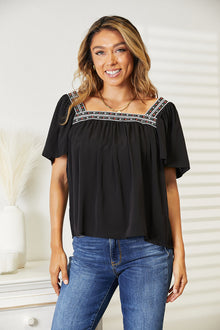  Double Take Contrast Square Neck Puff Sleeve Blouse