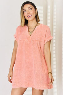  Zenana Washed Nochted Rolled Short Sleeve Dress
