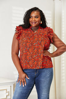  Double Take Floral Flutter Sleeve Notched Neck Blouse