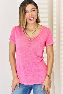  Zenana V-Neck Short Sleeve Slit T-Shirt
